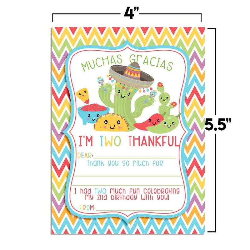 Amanda Creation Taco TWOS-Day Adorable 2nd Birthday Fiesta Thank You Notes for Kids, Ten 4" x 5.5" Fill In The Blank Cards with 10 White Envelopes by AmandaCreation - Image 5